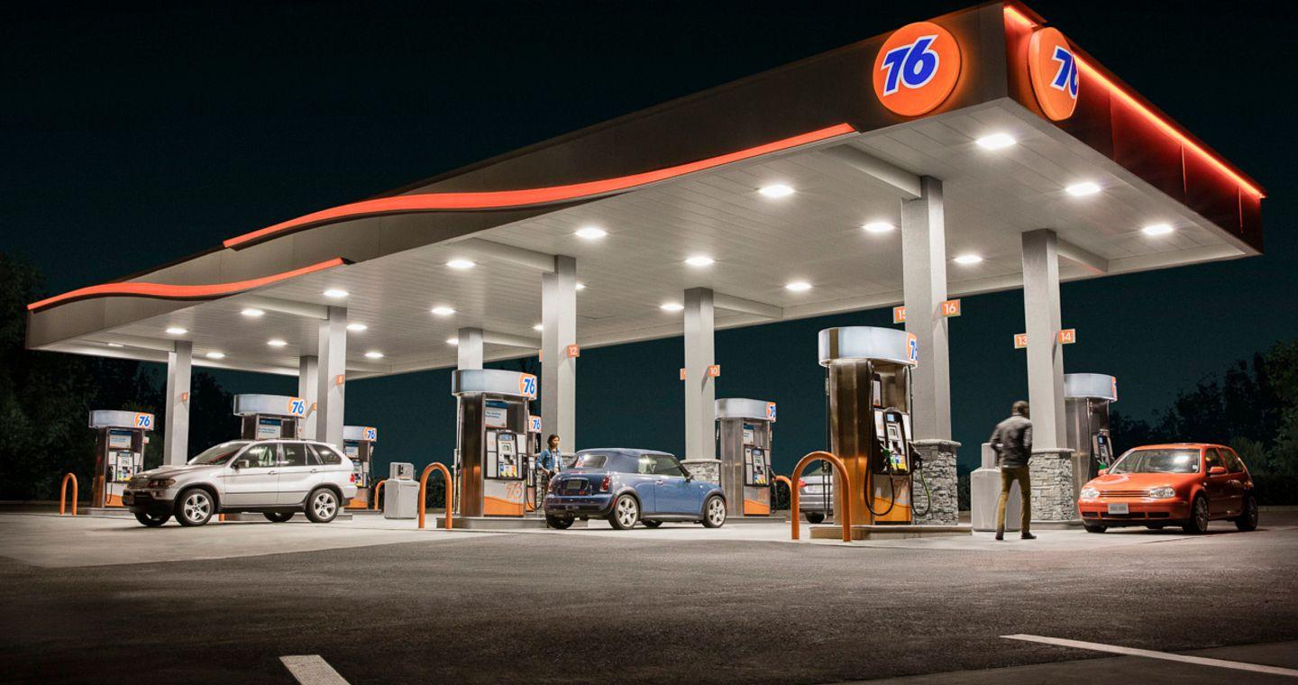 76 fuel station at dusk