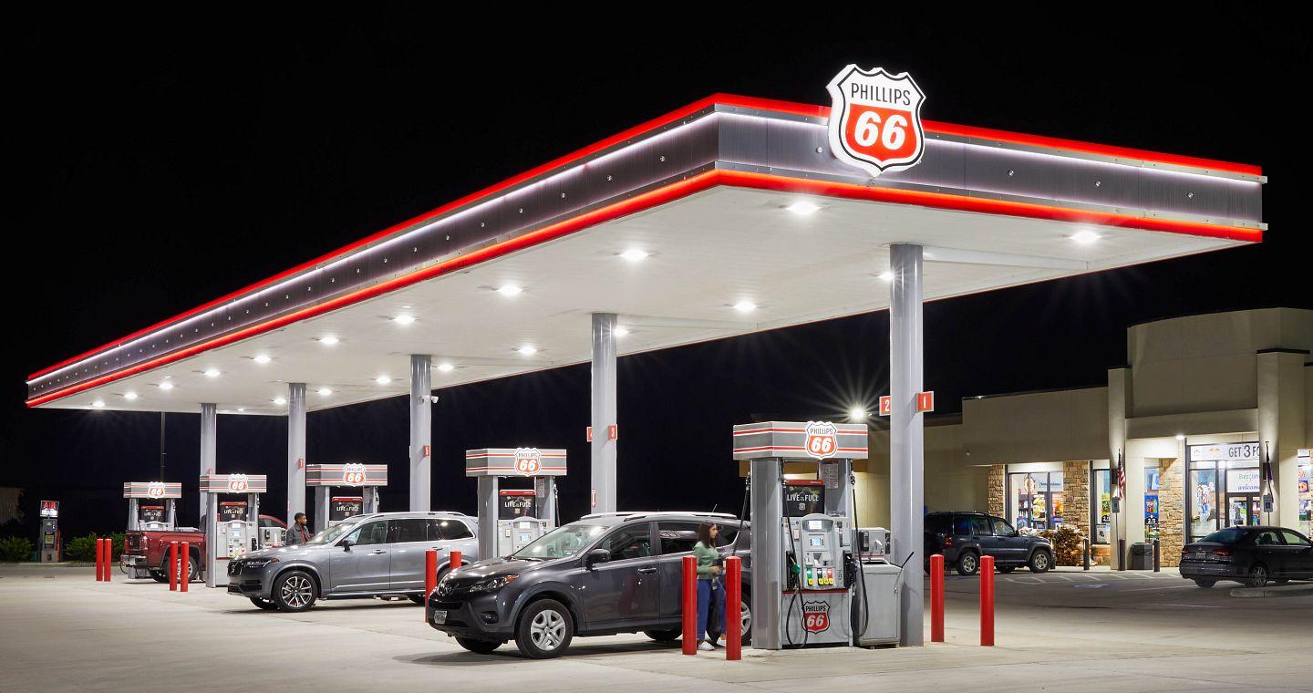 Phillips 66 fuel station canopy at sunset
